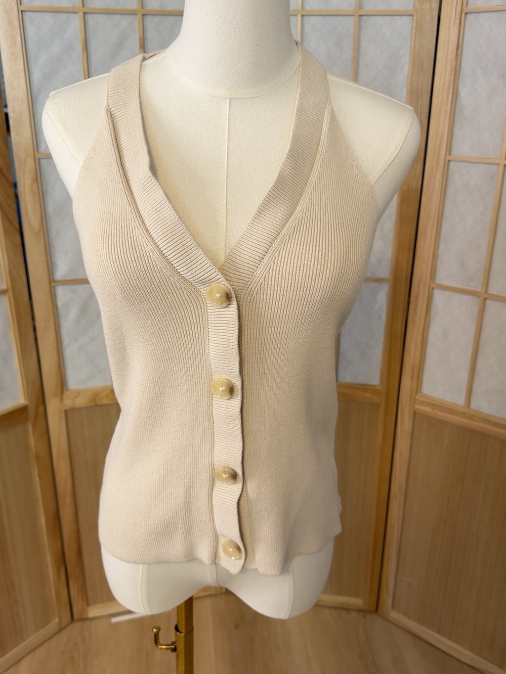 LOFT Cream V-Neck Button-Front Knit Sweater Vest